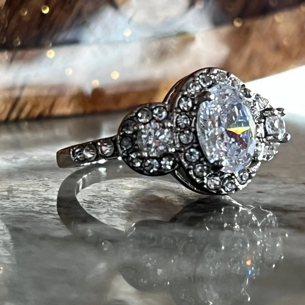 Swarovski Crystal Ring Rhodium-Plated Three-Stone Ring with Clear Crystals - Picture 5 of 11